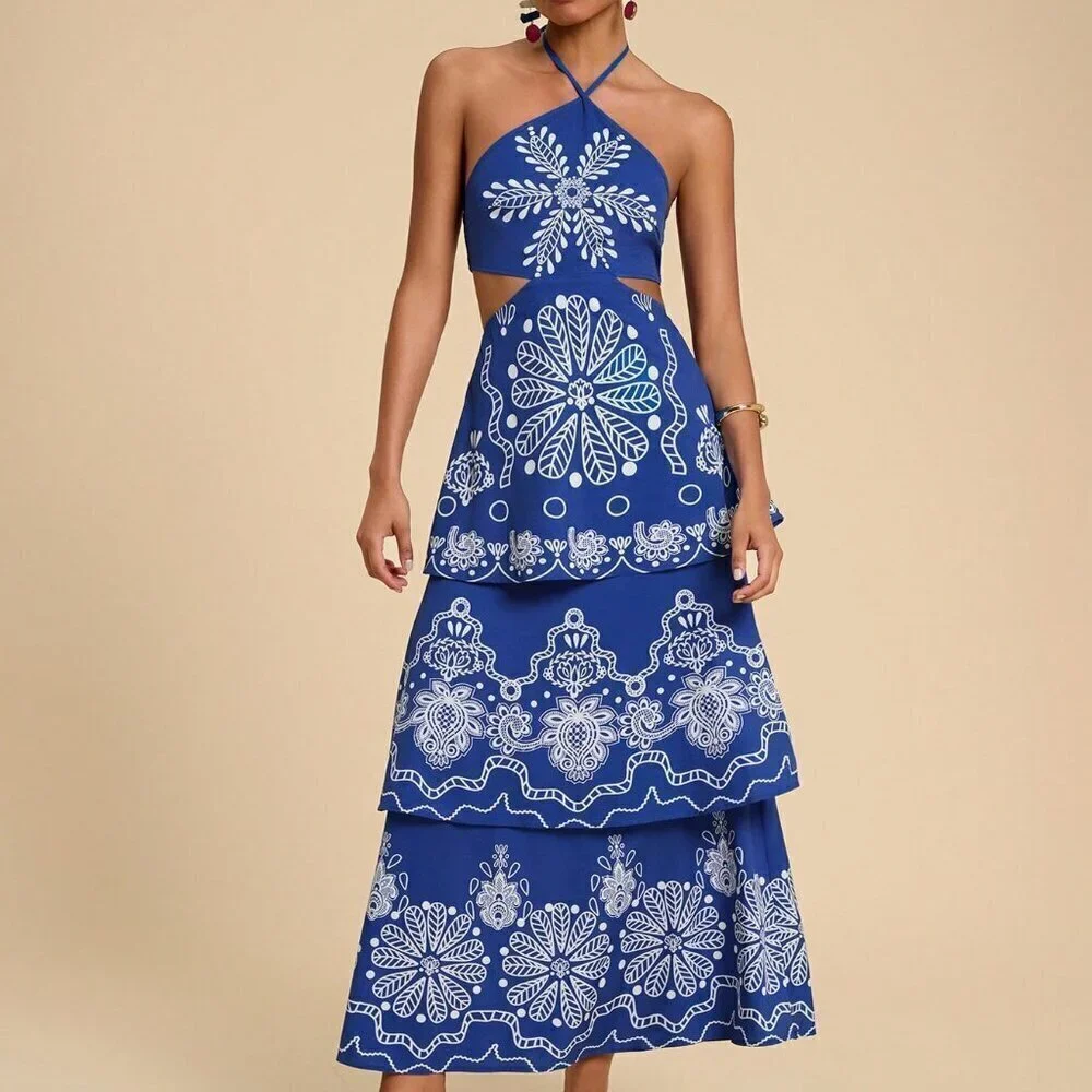 Blue Boho Women's Vacation Chiffon Floral Print Backless Halter Dress
